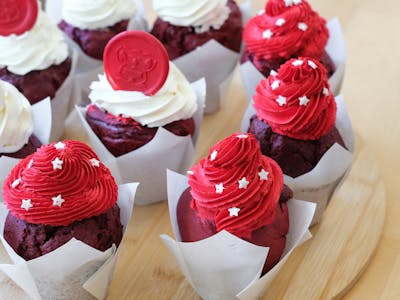 Velvet frosting on a cupcake, close detail