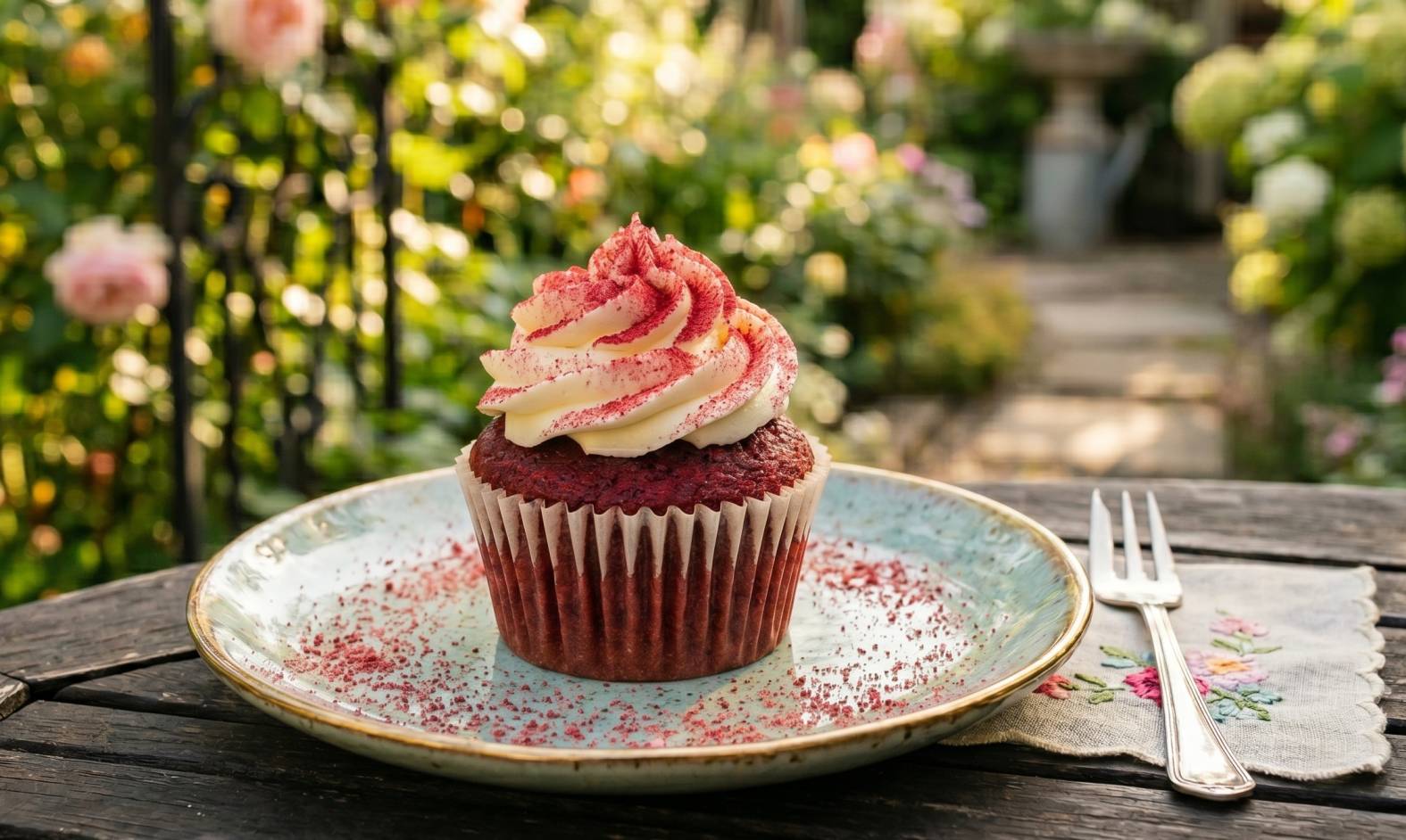 Heritage Red Velvet cupcake — cocoa-touched red crumb with cream cheese frosting