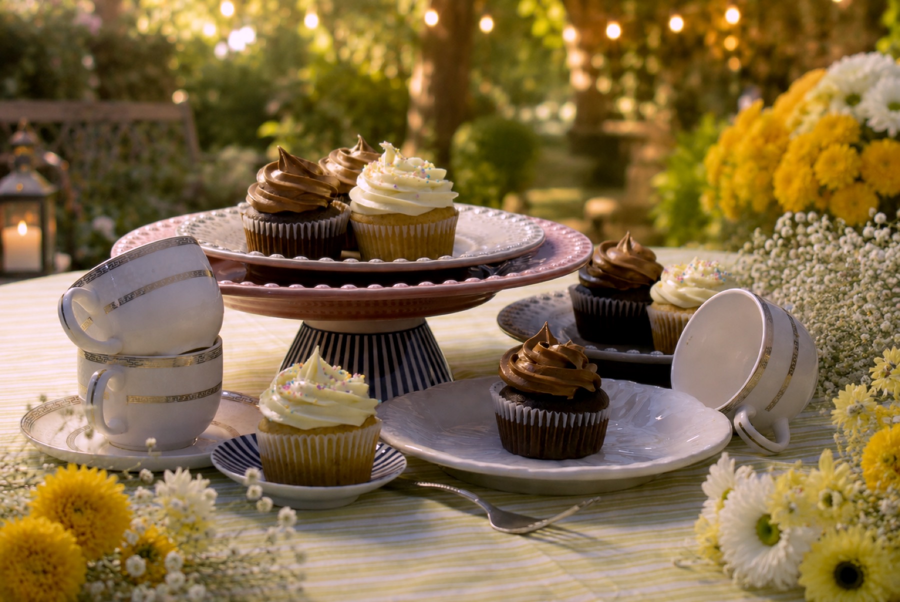 Shockeen vanilla and chocolate cupcakes on a tiered cake stand with vintage gold-rimmed teacups, set on a sunlit garden tea table with fresh flowers and a lantern in the background