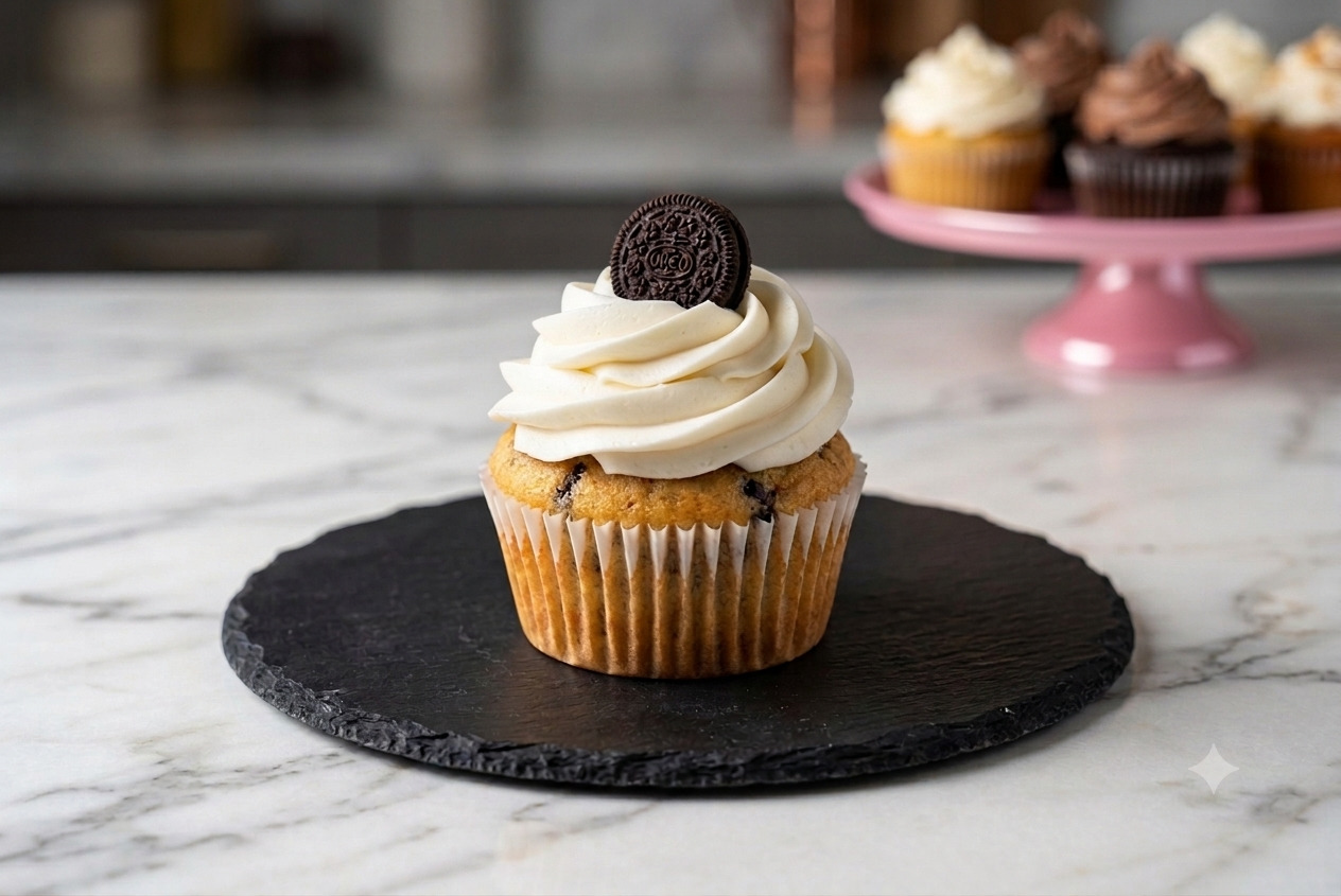 Oreo Cookies and Cream cupcake — Oreo crumble topped with vanilla frosting