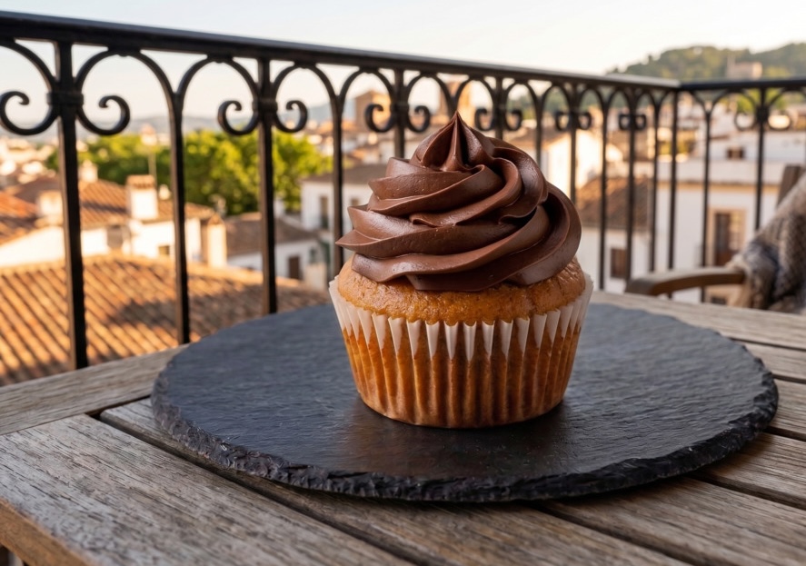 Silken Cocoa cupcake — light, fluffy vanilla topped with chocolate ganache