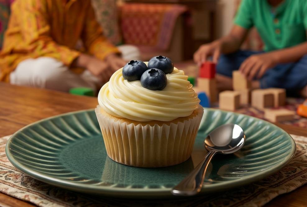 Wild Blueberry cupcake — hand-poached berries swirled through cream cheese frosting